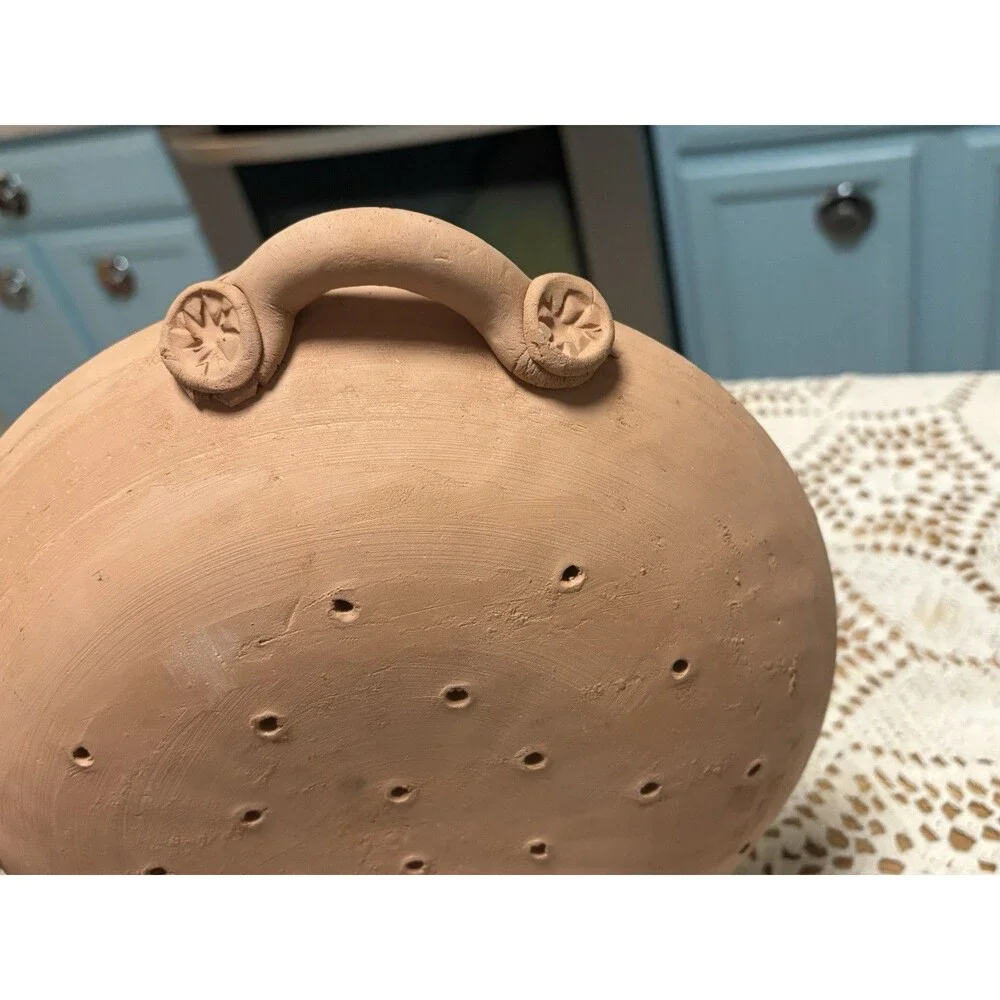 Handmade Brown Clay Ceramic Art Pottery Perforated Bowl w/ Handles Stamped